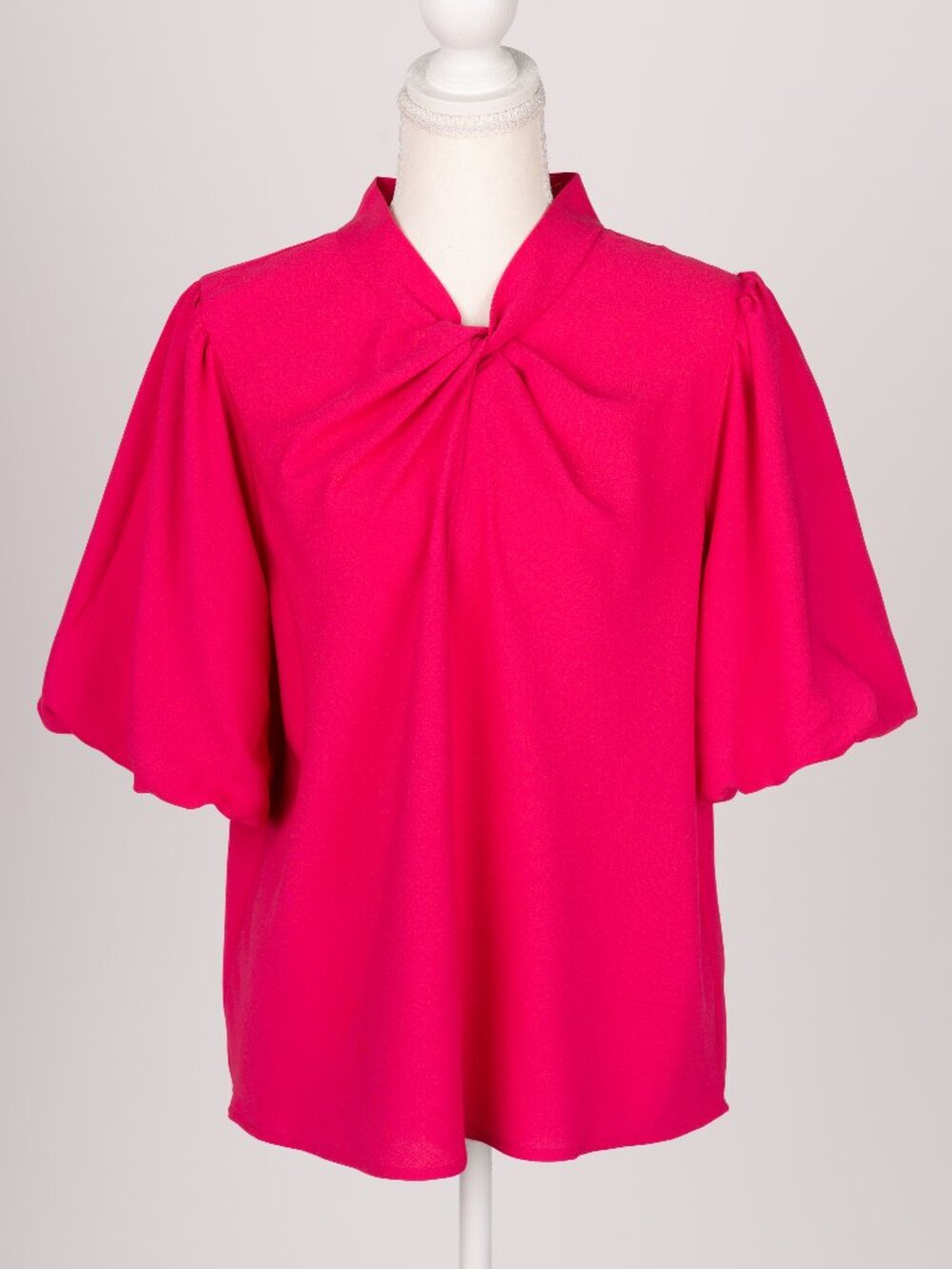 LOFT Fuchsia Pink Twist Neck Puff Sleeve Blouse Size M EUC Barbiecore Office